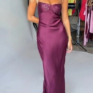 Strapless Satin Maxi Dress in Plum with Embellished Bust